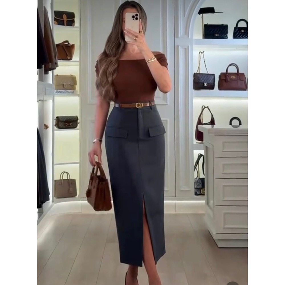 Commense  Split-front Solid Midi Skirt Gray size S